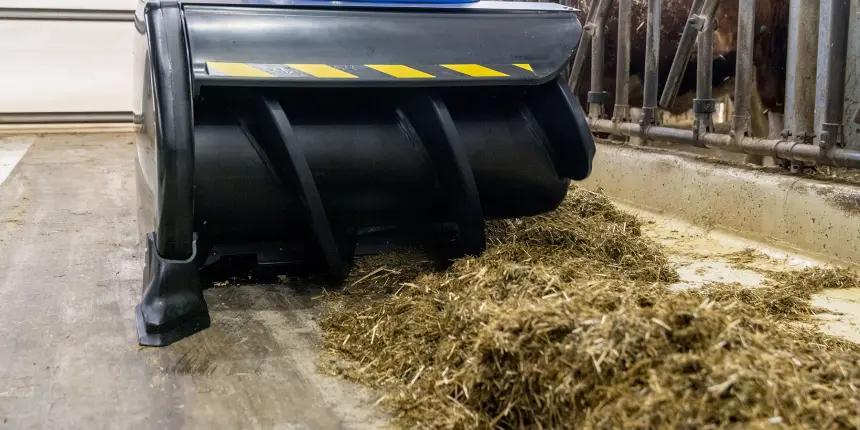 Continuous Feed Pushing for Increased Feed Intake. Increase Feed Intake Dairy Cows feed pusher for dairy cows